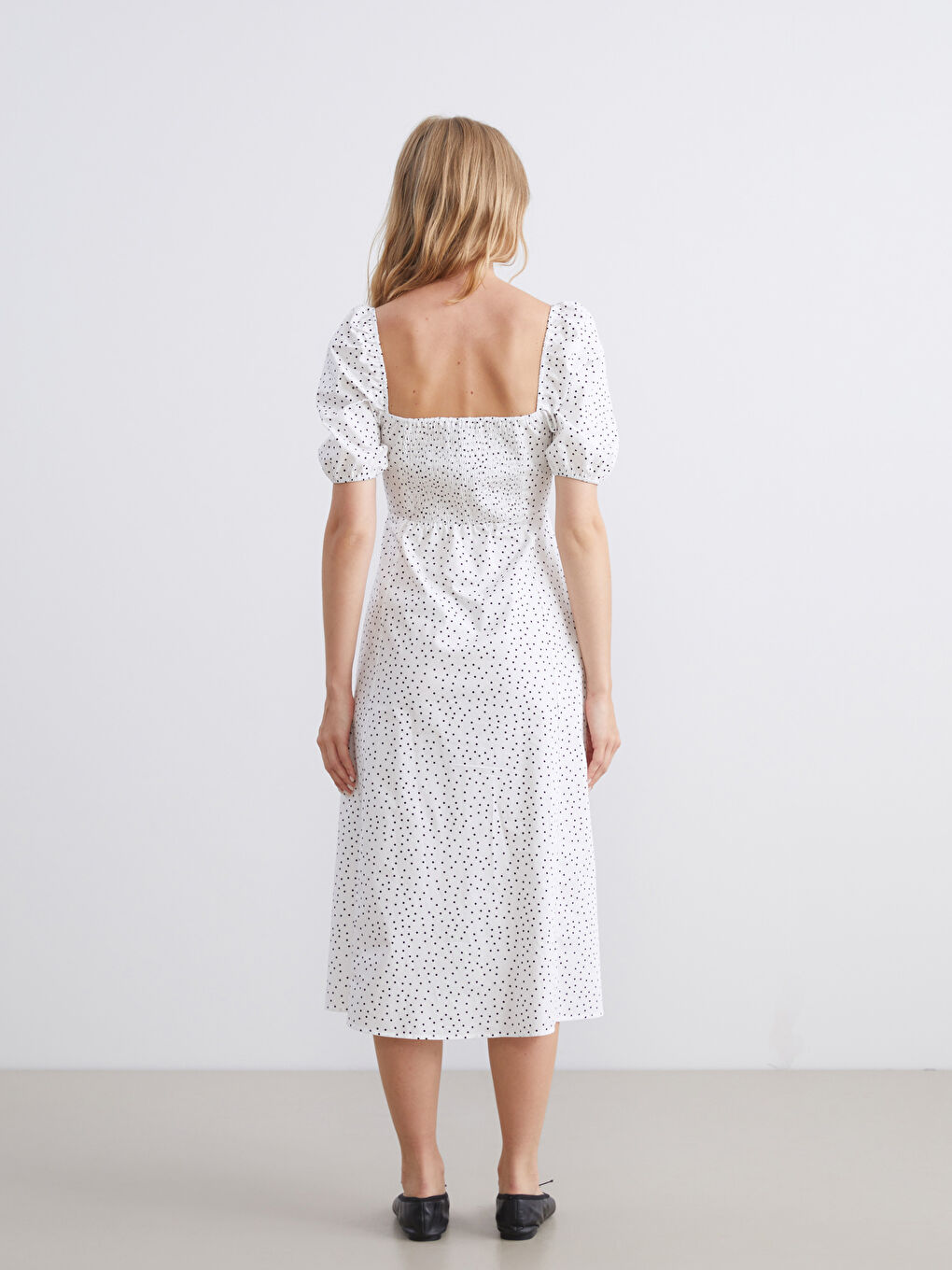 Polka Dot Puff Sleeve Fitted Waist Midi Women's Dress-3