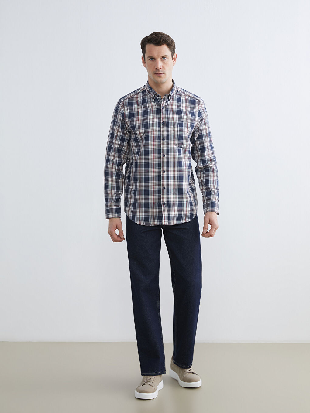 قميص رجال عادي كم طويل كارو نسيج دوبي-1