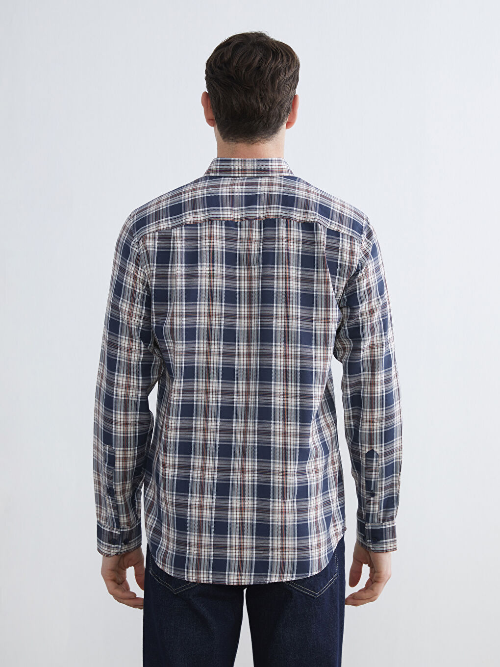 قميص رجال عادي كم طويل كارو نسيج دوبي-3