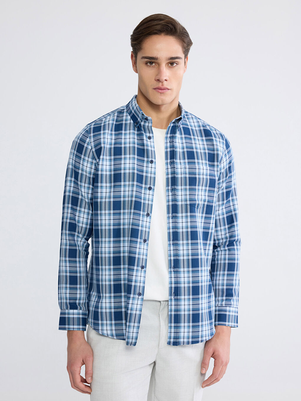 Lacivert Regular Fit Uzun Kollu Ekose Armürlü Erkek Gömlek