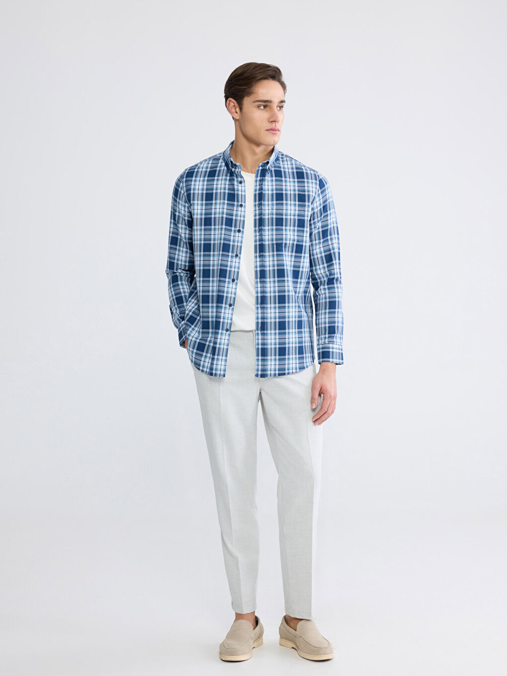 Lacivert Regular Fit Uzun Kollu Ekose Armürlü Erkek Gömlek-1