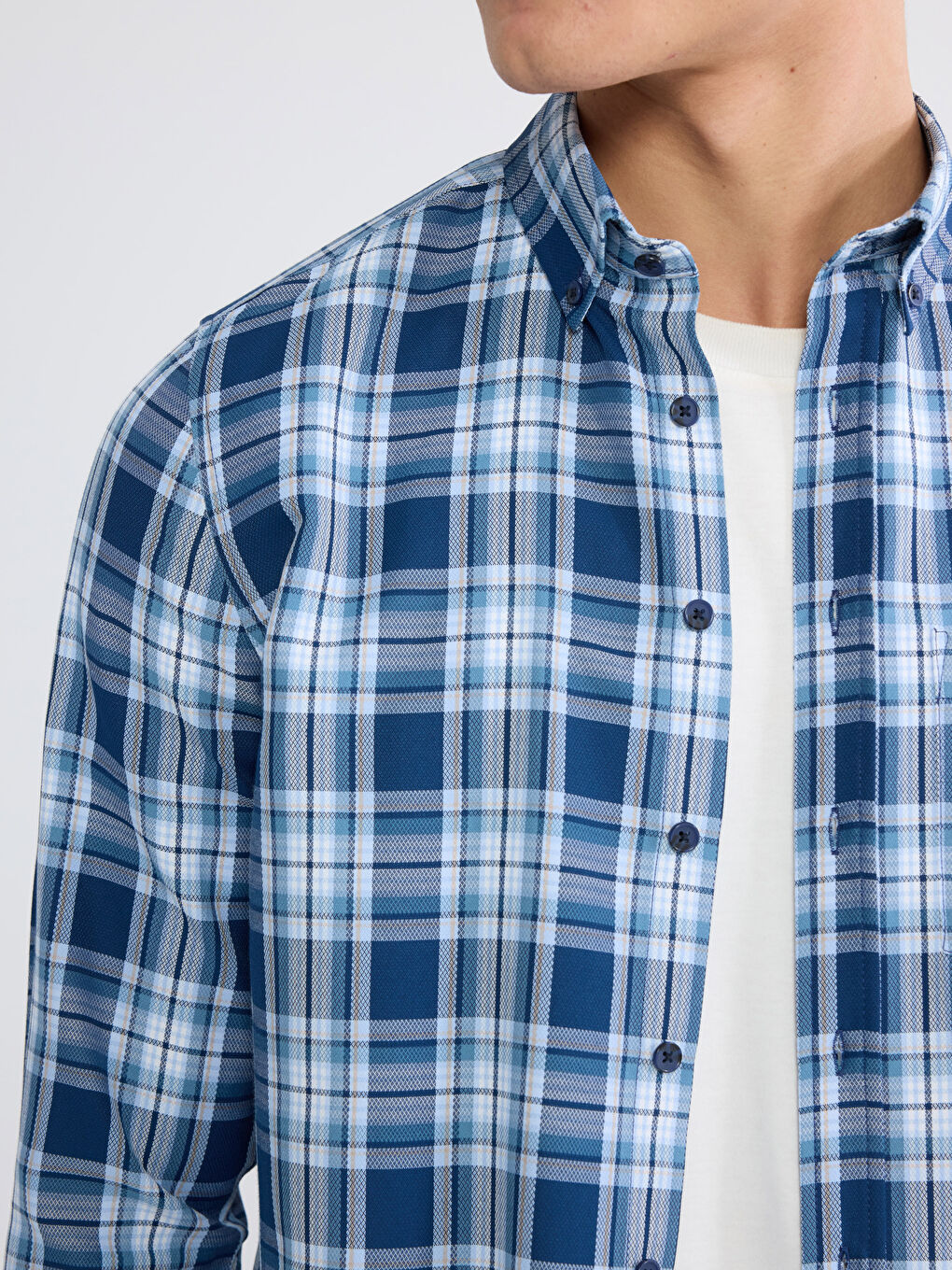 Lacivert Regular Fit Uzun Kollu Ekose Armürlü Erkek Gömlek-2