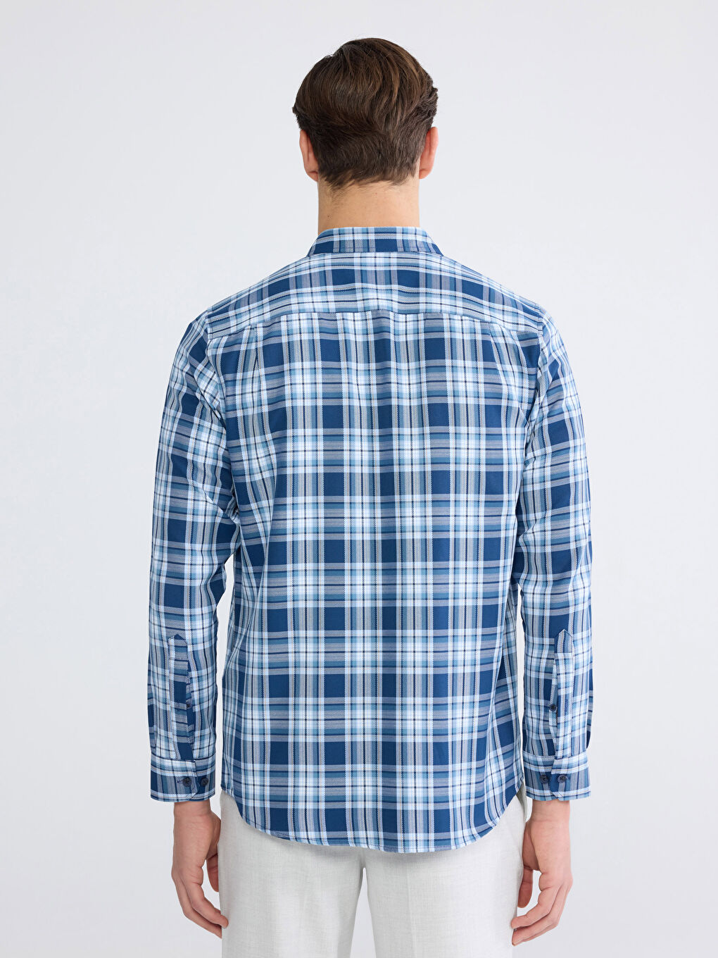 Lacivert Regular Fit Uzun Kollu Ekose Armürlü Erkek Gömlek-3