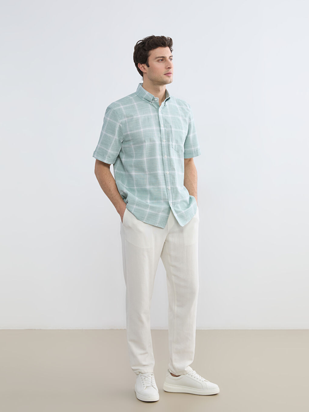 Yeşil Regular Fit Kareli Erkek Gömlek-1