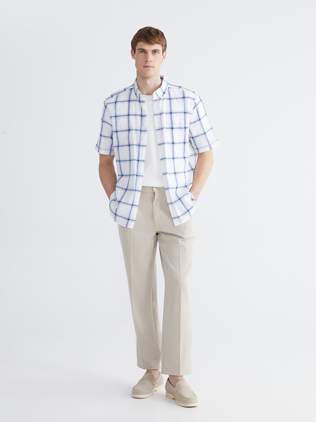 Beyaz Regular Fit Kareli Erkek Gömlek-1