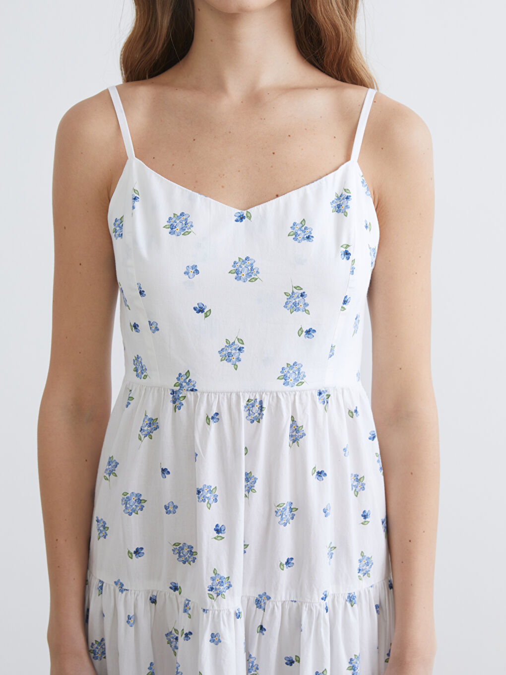 فستان بوبلين زهري بحمالات مع فتحة رقبة على شكل حرف V للنساء-2