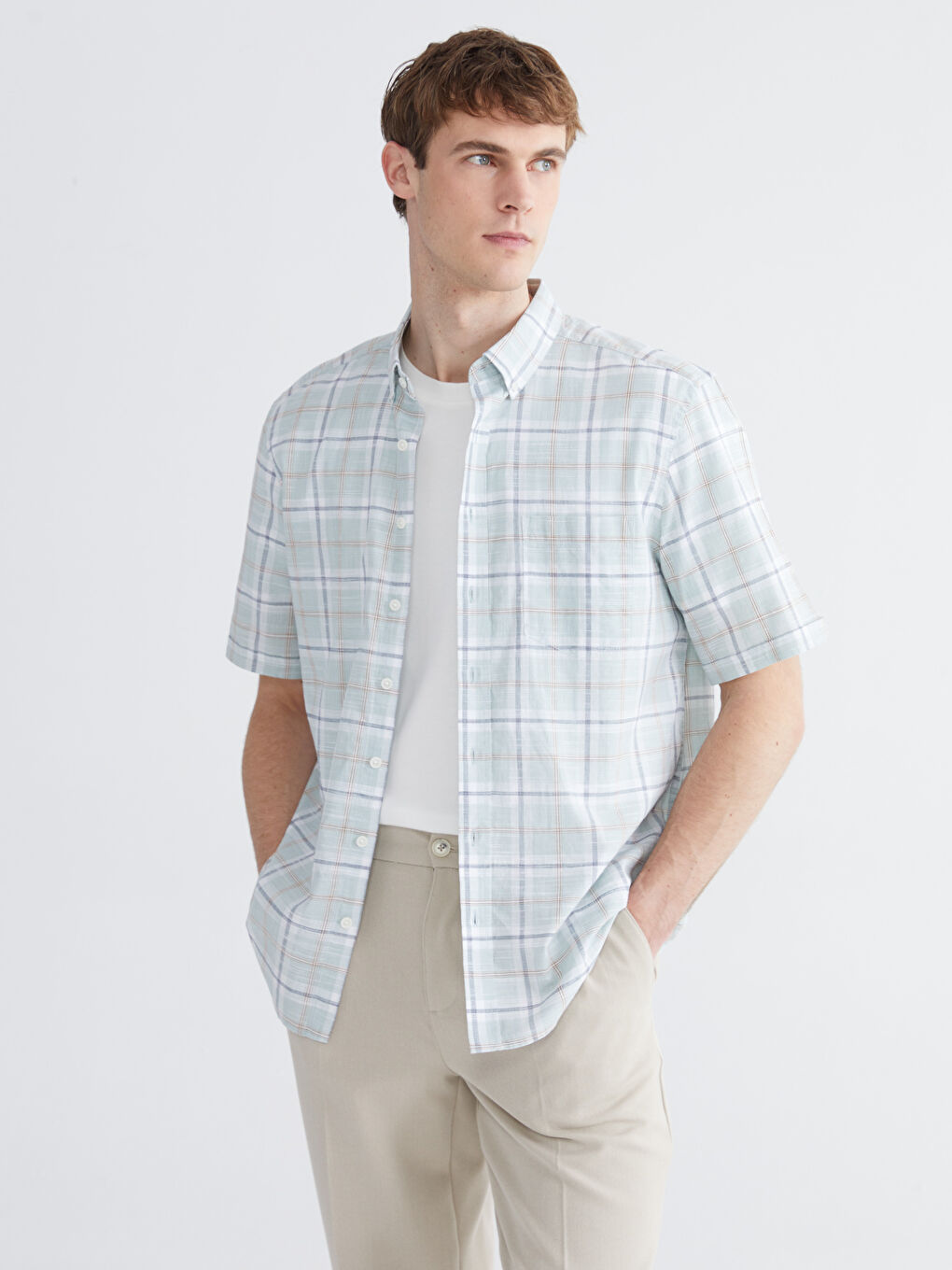 Yeşil Regular Fit Ekose Poplin Erkek Gömlek