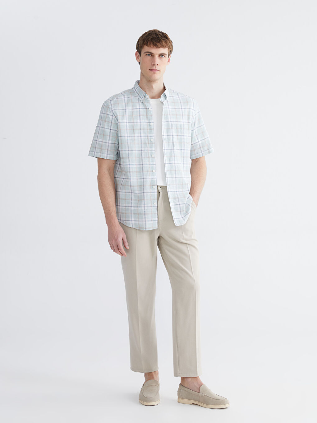 Yeşil Regular Fit Ekose Poplin Erkek Gömlek-1