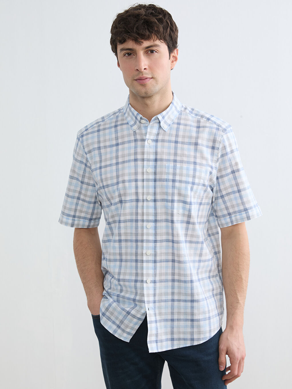 Regular Fit Plaid Poplin Men's Shirt