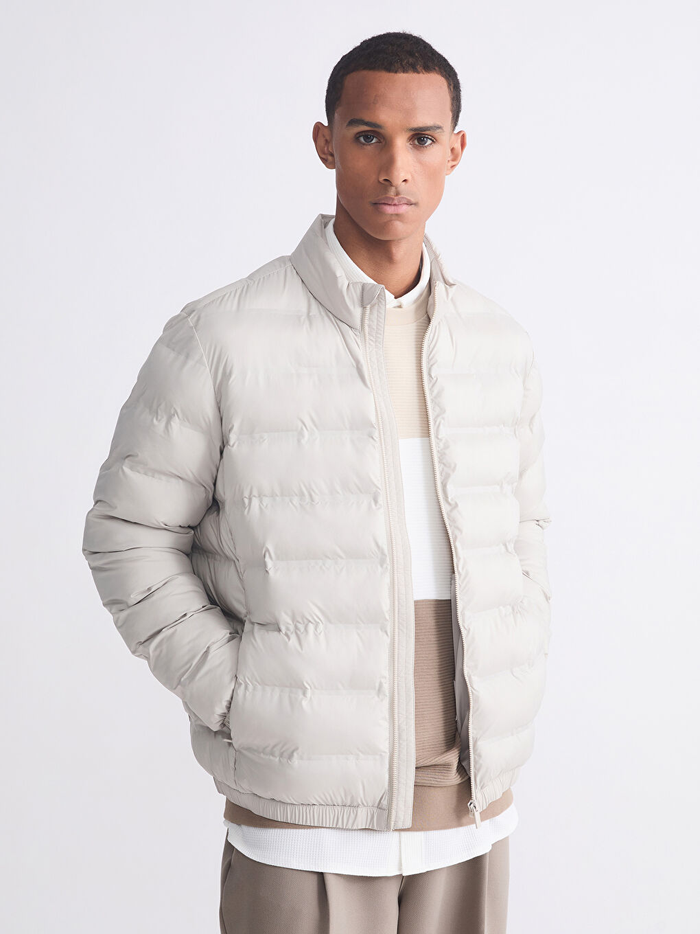 Bej Standart Kalıp Erkek Şişme Mont	