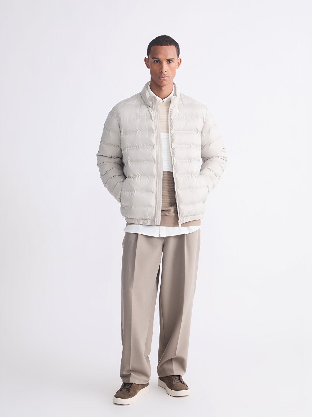 Bej Standart Kalıp Erkek Şişme Mont	-1