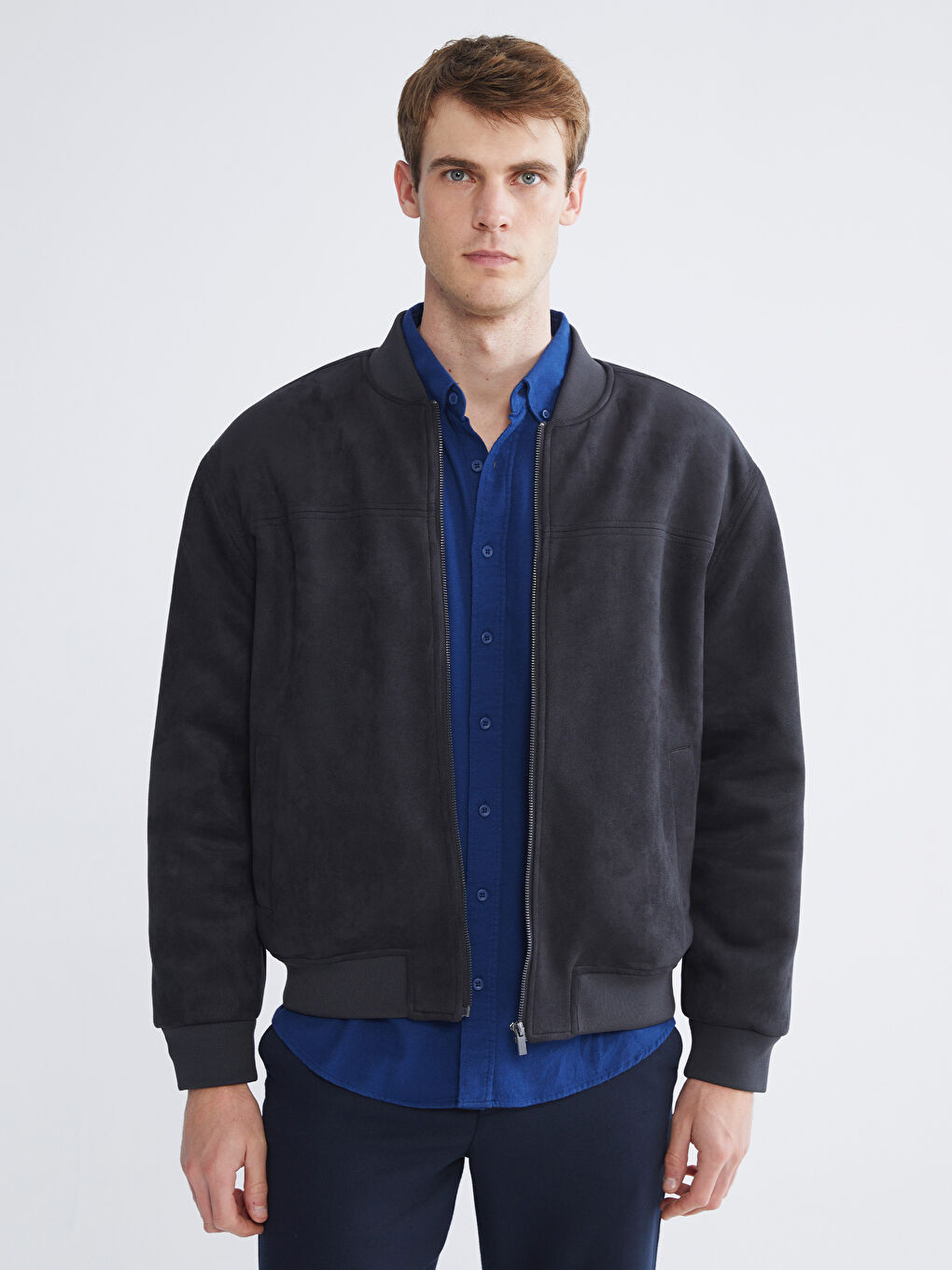 Antrasit Rahat Kalıp Kolej Yaka Erkek Süet Mont