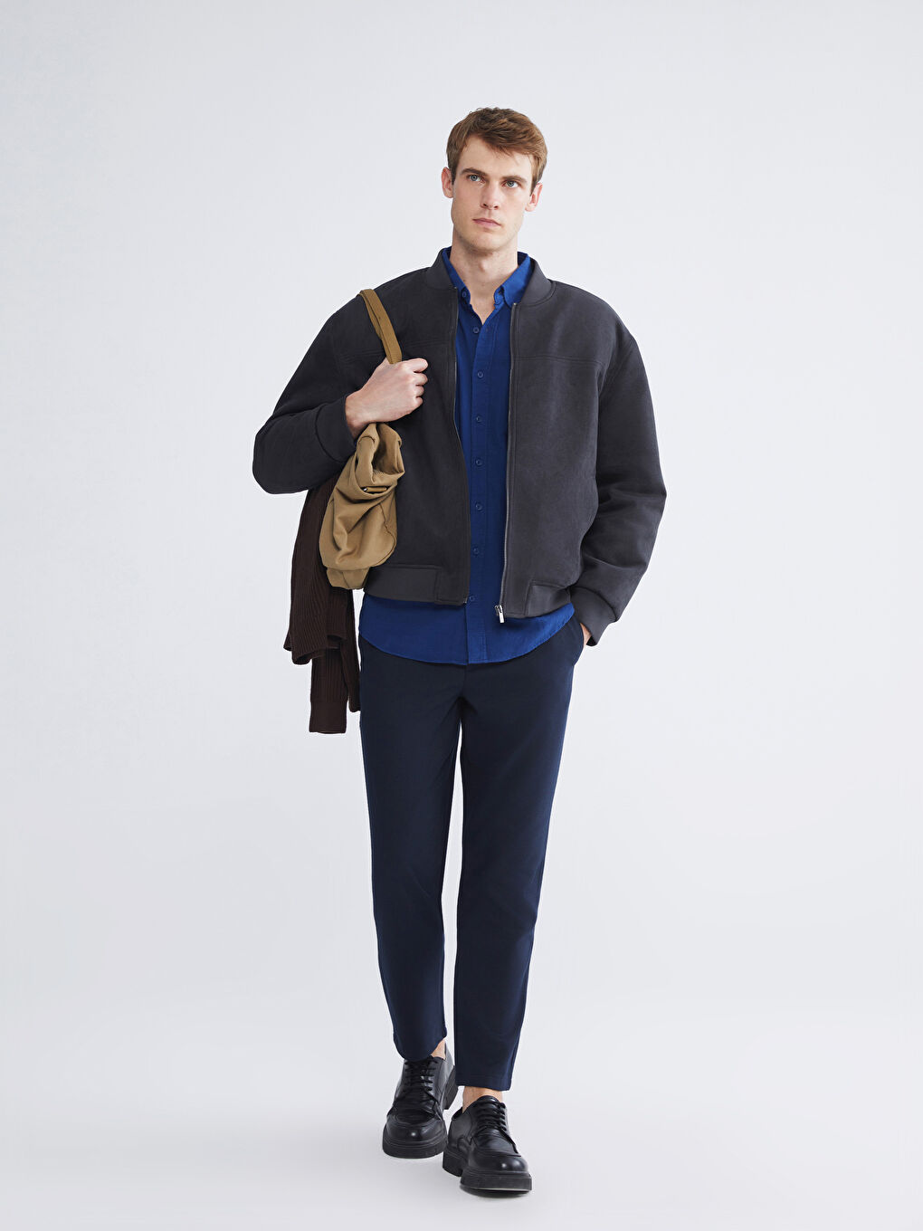 Antrasit Rahat Kalıp Kolej Yaka Erkek Süet Mont-1