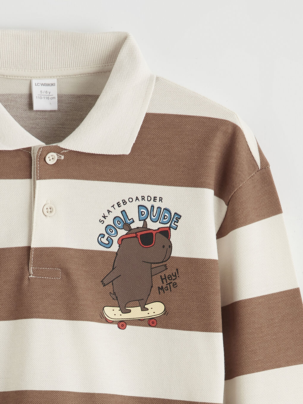 Kahverengi Polo Yaka Çizgili Baskılı Erkek Çocuk Tişört-1