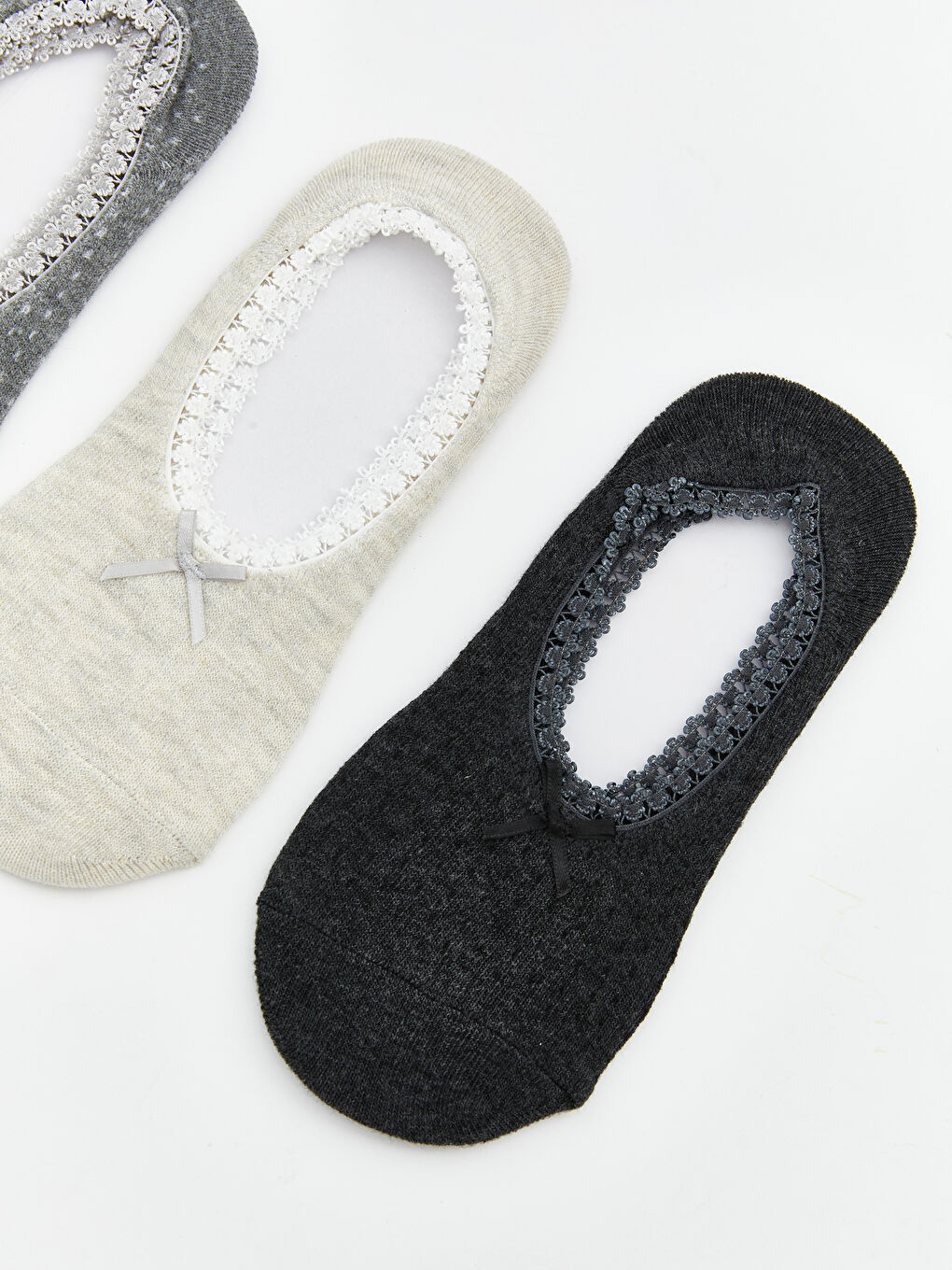 Gri Dantel Detaylı Fiyonklu Kadın Babet Çorap 3'lü-1