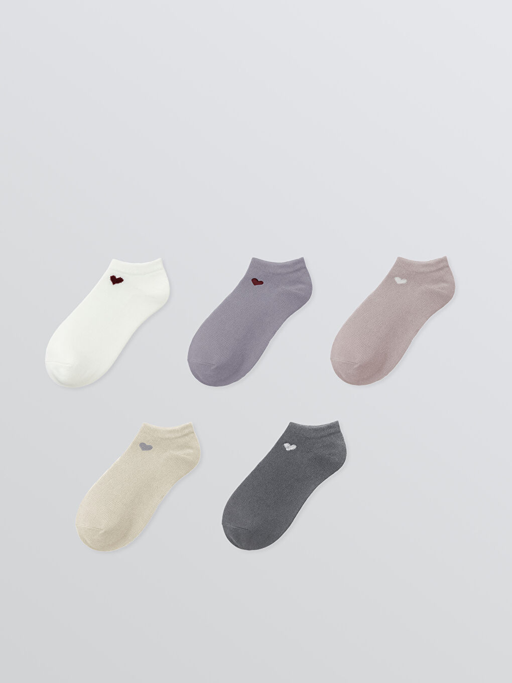 Ekru Kalp Baskılı Kadın Patik Çorap 5'li
