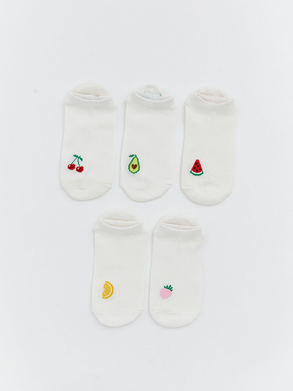Ekru Meyve Baskılı Kadın Patik Çorap 5'li-0
