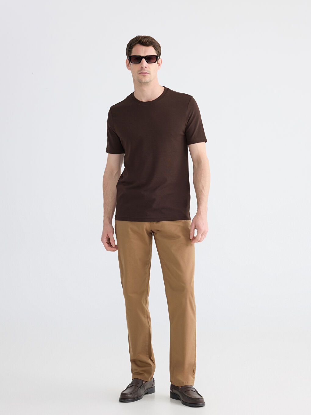 Kahverengi Bisiklet Yaka Penye Erkek Tişört-1