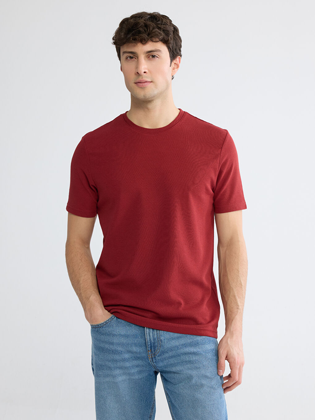 Bordo Bisiklet Yaka Penye Erkek Tişört