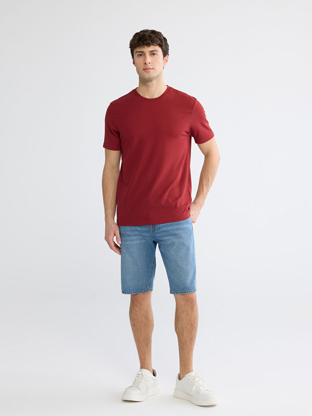 Bordo Bisiklet Yaka Penye Erkek Tişört-1