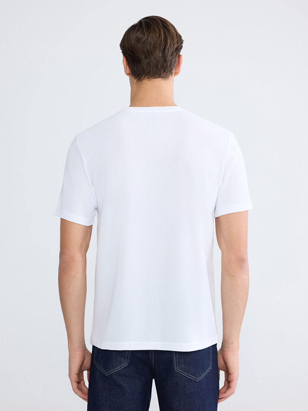 Beyaz Bisiklet Yaka Penye Erkek Tişört-3