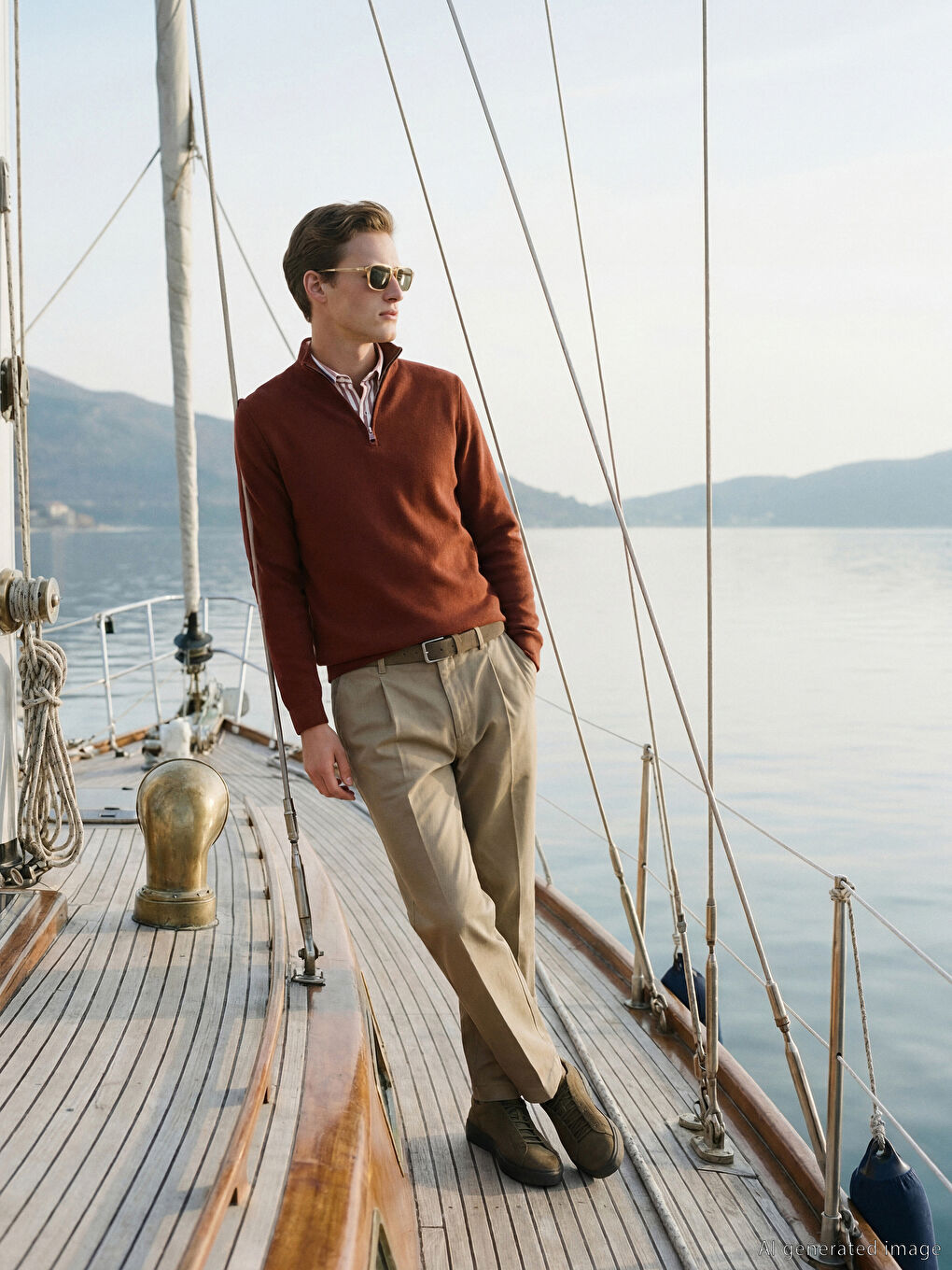 Kahverengi Yarım Fermuarlı Dik Yaka Erkek Triko Kazak-1