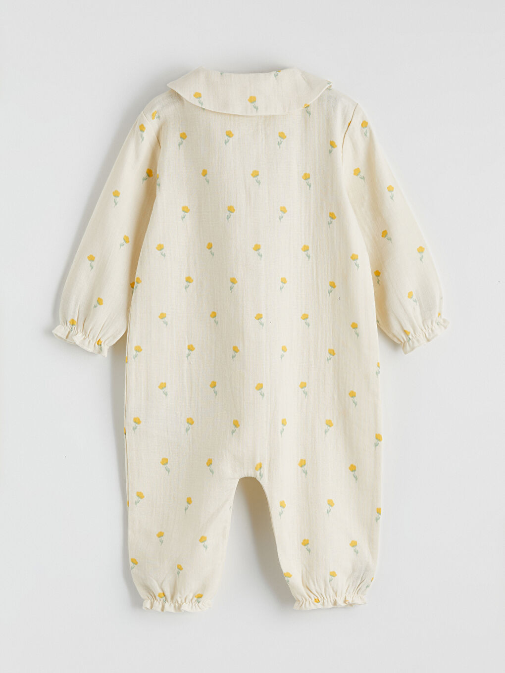 Ekru Fırfırlı Çiçek Baskılı Müslin Kız Bebek Tulum-2