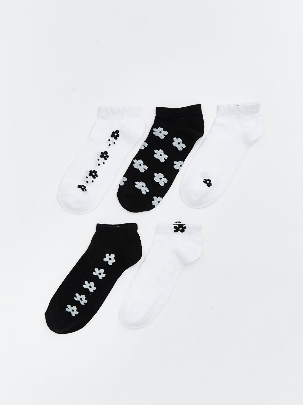 Beyaz Çiçekli Kadın Patik Çorap 5'li