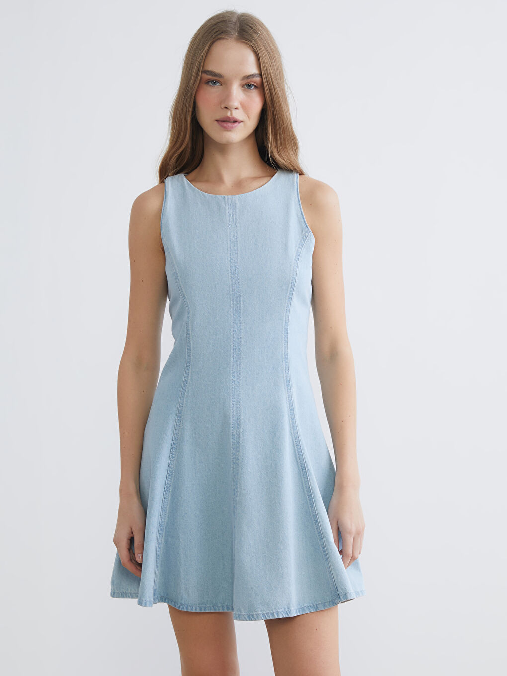 Rochie Mini din Denim cu Guler Rotund, Croială A-1