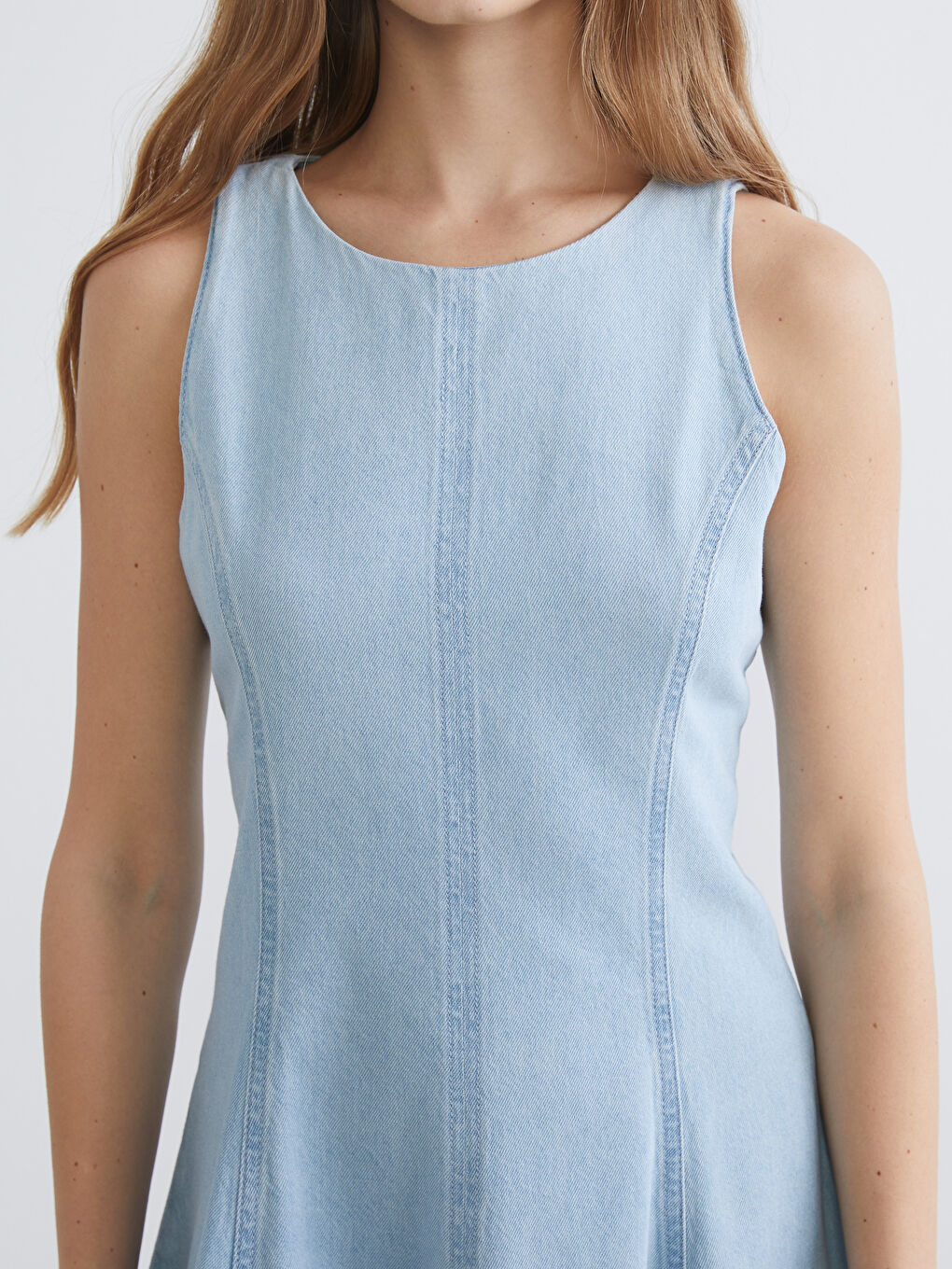 Rochie Mini din Denim cu Guler Rotund, Croială A-2