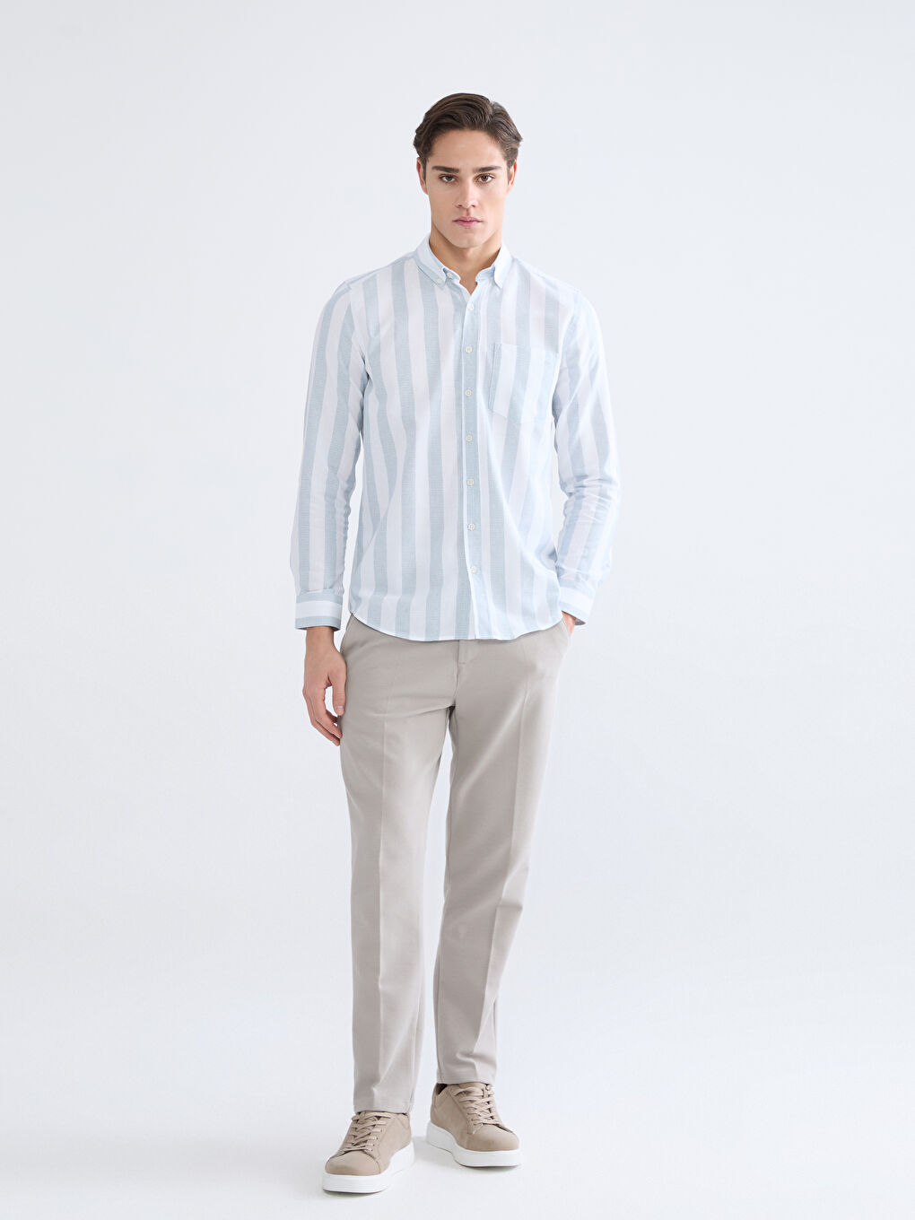 Mavi Regular Fit Çizgili Armürlü Erkek Gömlek-1