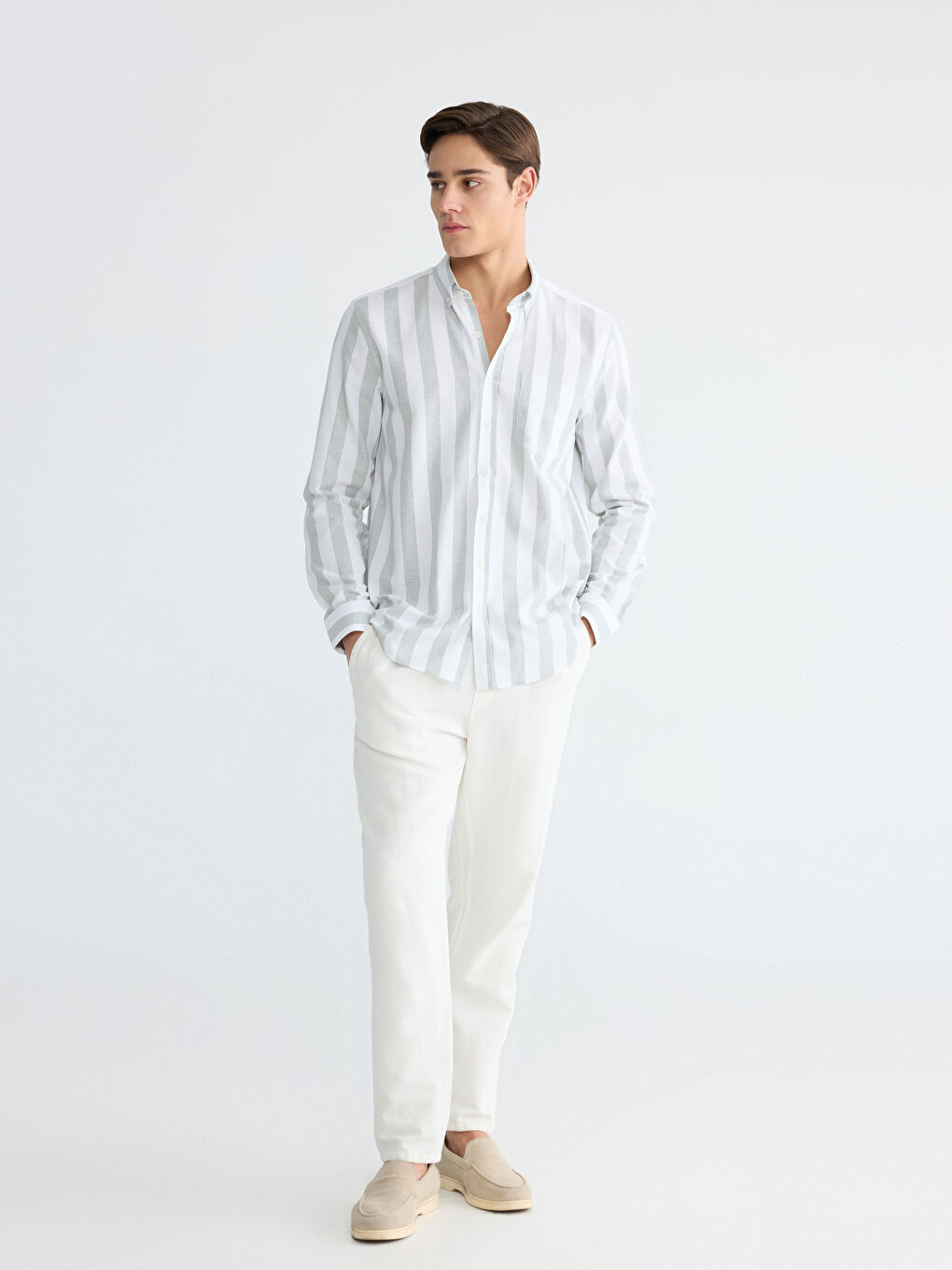 Yeşil Regular Fit Çizgili Armürlü Erkek Gömlek-1