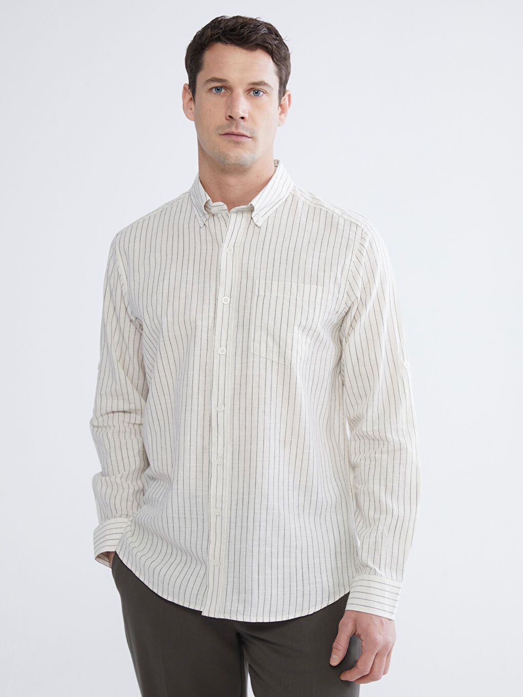 Bej Regular Fit Çizgili Erkek Keten Karışımlı Gömlek