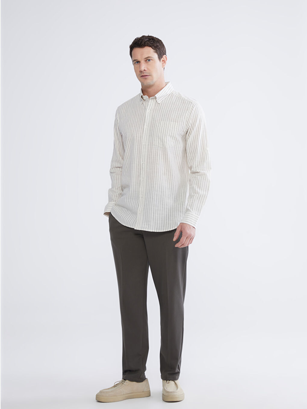 Bej Regular Fit Çizgili Erkek Keten Karışımlı Gömlek-1