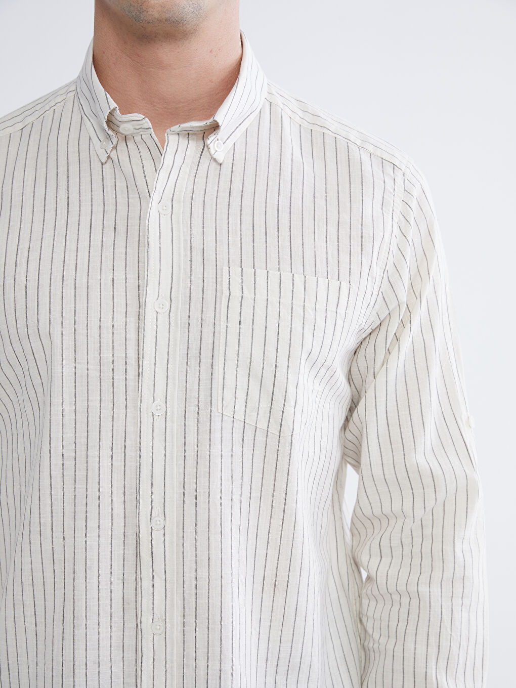 Bej Regular Fit Çizgili Erkek Keten Karışımlı Gömlek-2