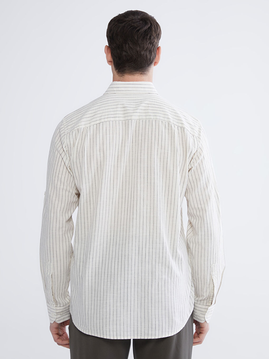 Bej Regular Fit Çizgili Erkek Keten Karışımlı Gömlek-3