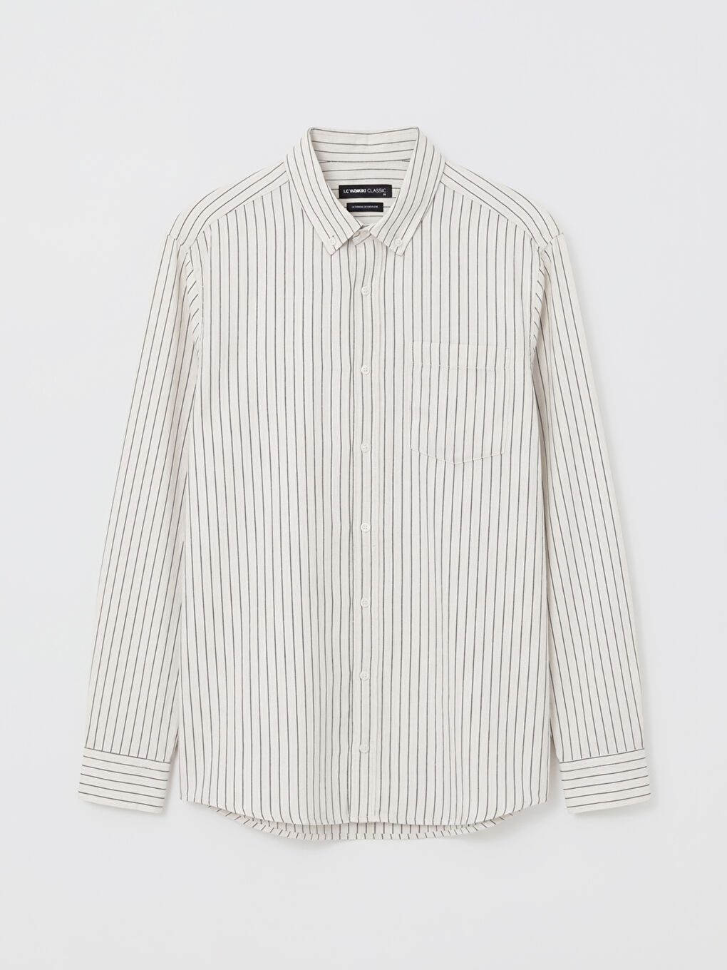 Bej Regular Fit Çizgili Erkek Keten Karışımlı Gömlek