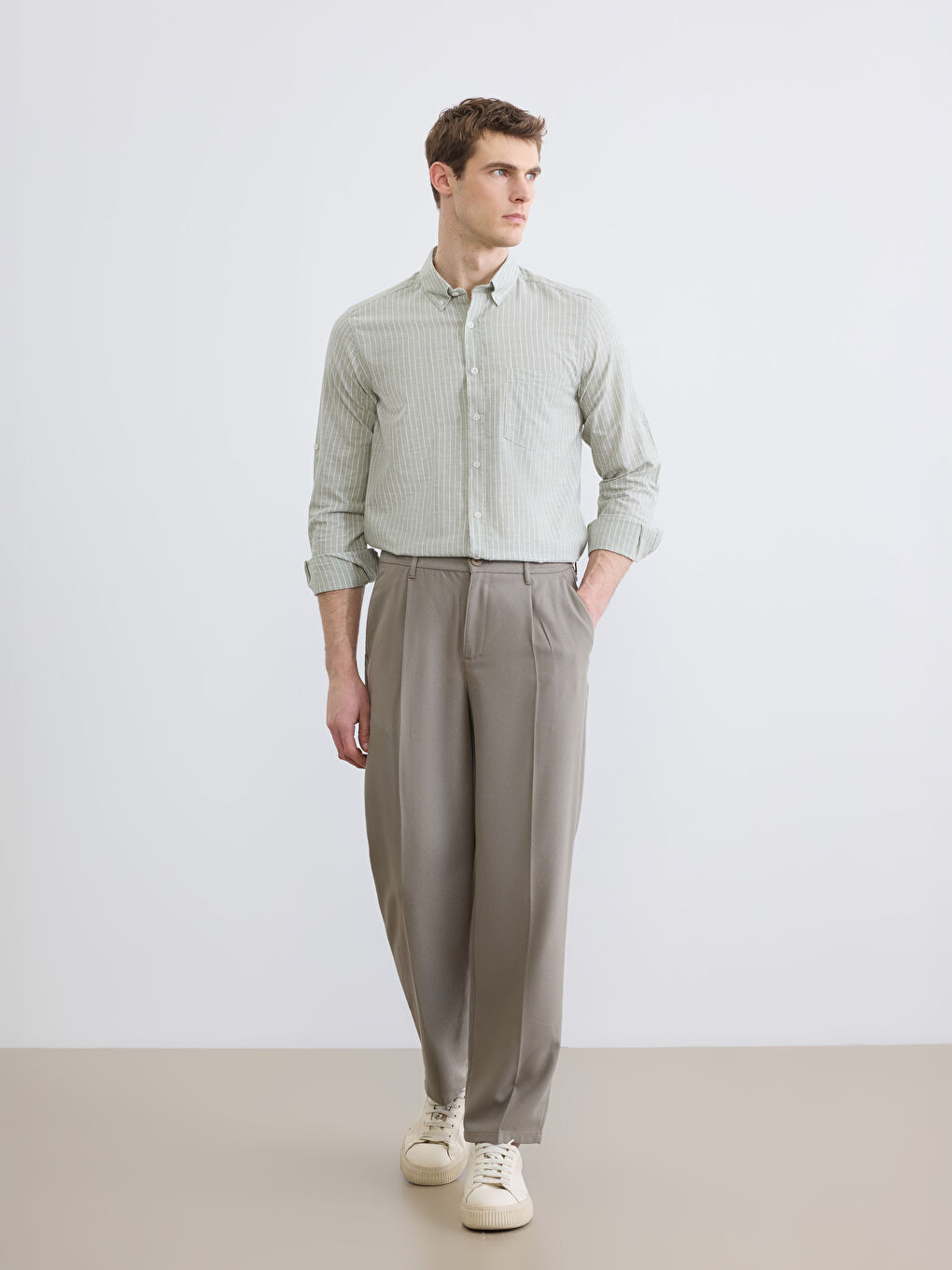 Yeşil Regular Fit Çizgili Erkek Keten Karışımlı Gömlek-1