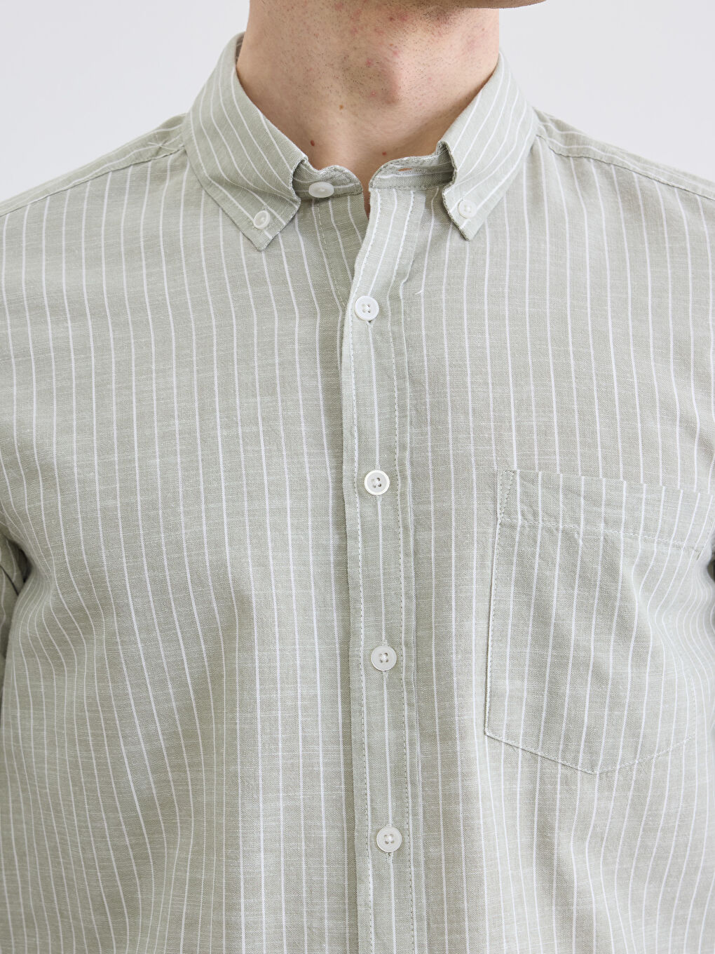 Yeşil Regular Fit Çizgili Erkek Keten Karışımlı Gömlek-2