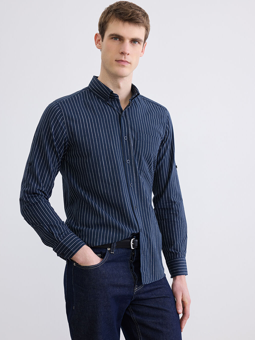 Lacivert Regular Fit Çizgili Erkek Keten Karışımlı Gömlek