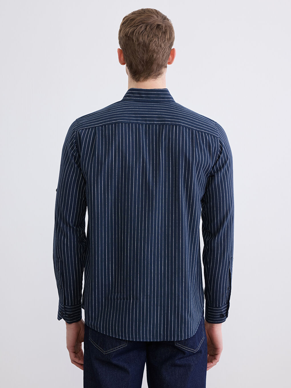 Lacivert Regular Fit Çizgili Erkek Keten Karışımlı Gömlek-3