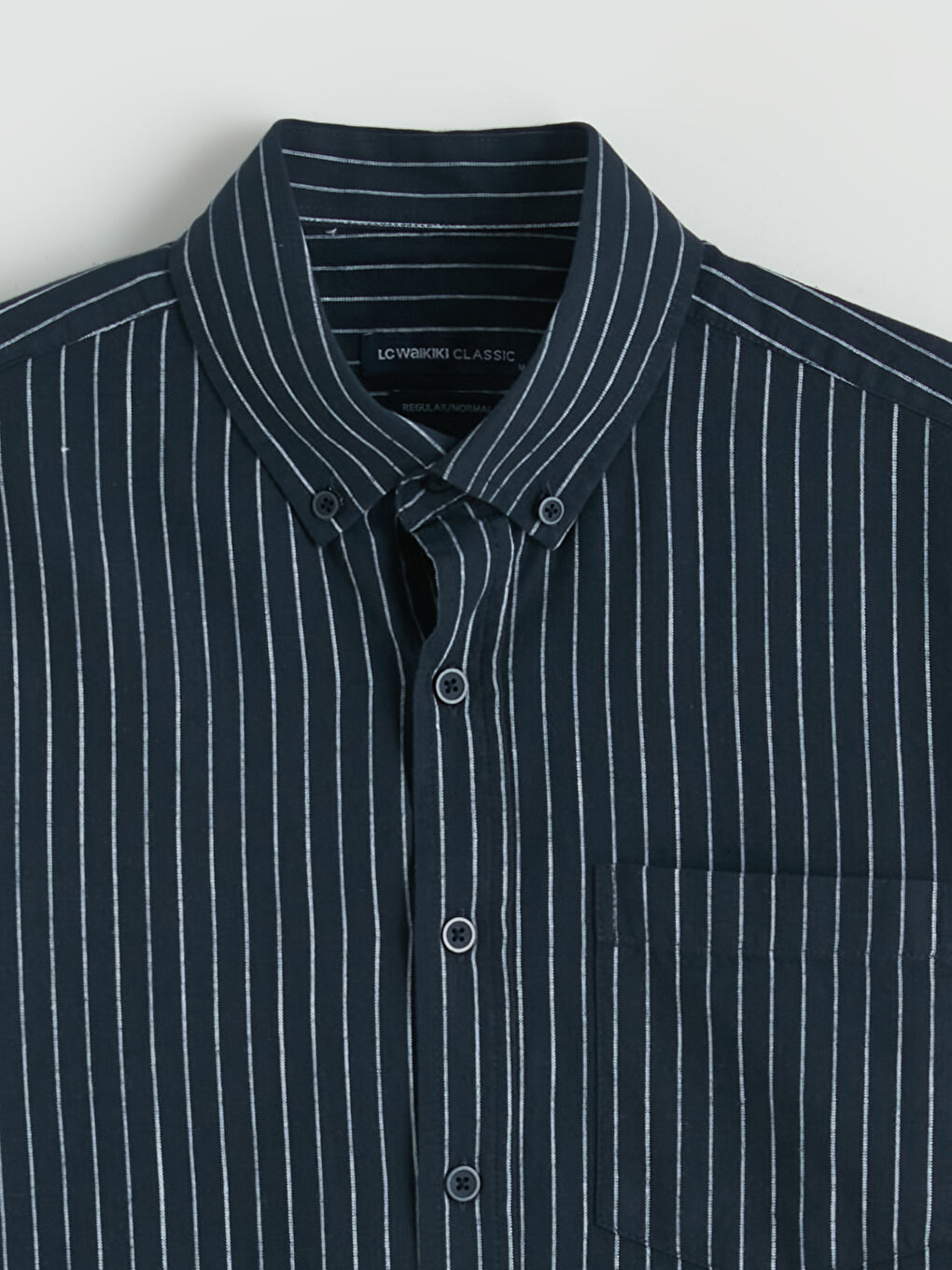 Lacivert Regular Fit Çizgili Erkek Keten Karışımlı Gömlek-6