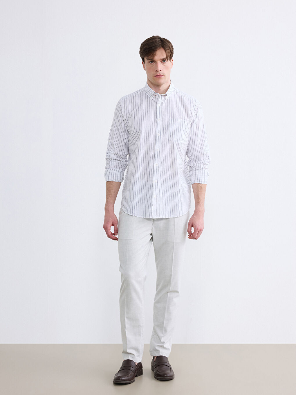 Beyaz Regular Fit Çizgili Erkek Keten Karışımlı Gömlek-1
