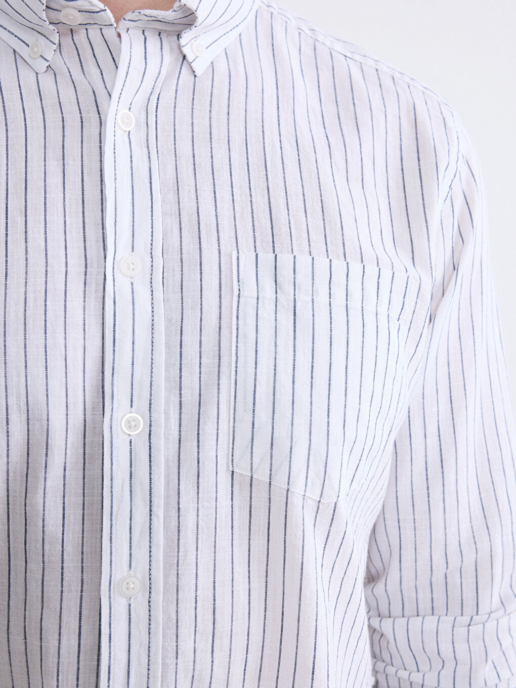Beyaz Regular Fit Çizgili Erkek Keten Karışımlı Gömlek-2