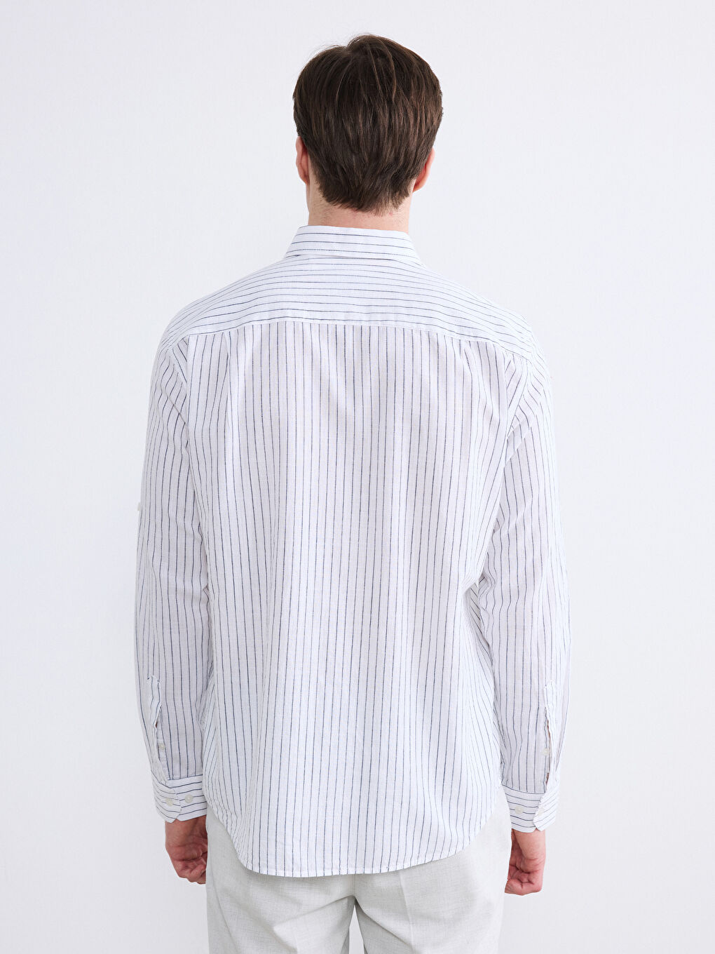 Beyaz Regular Fit Çizgili Erkek Keten Karışımlı Gömlek-3