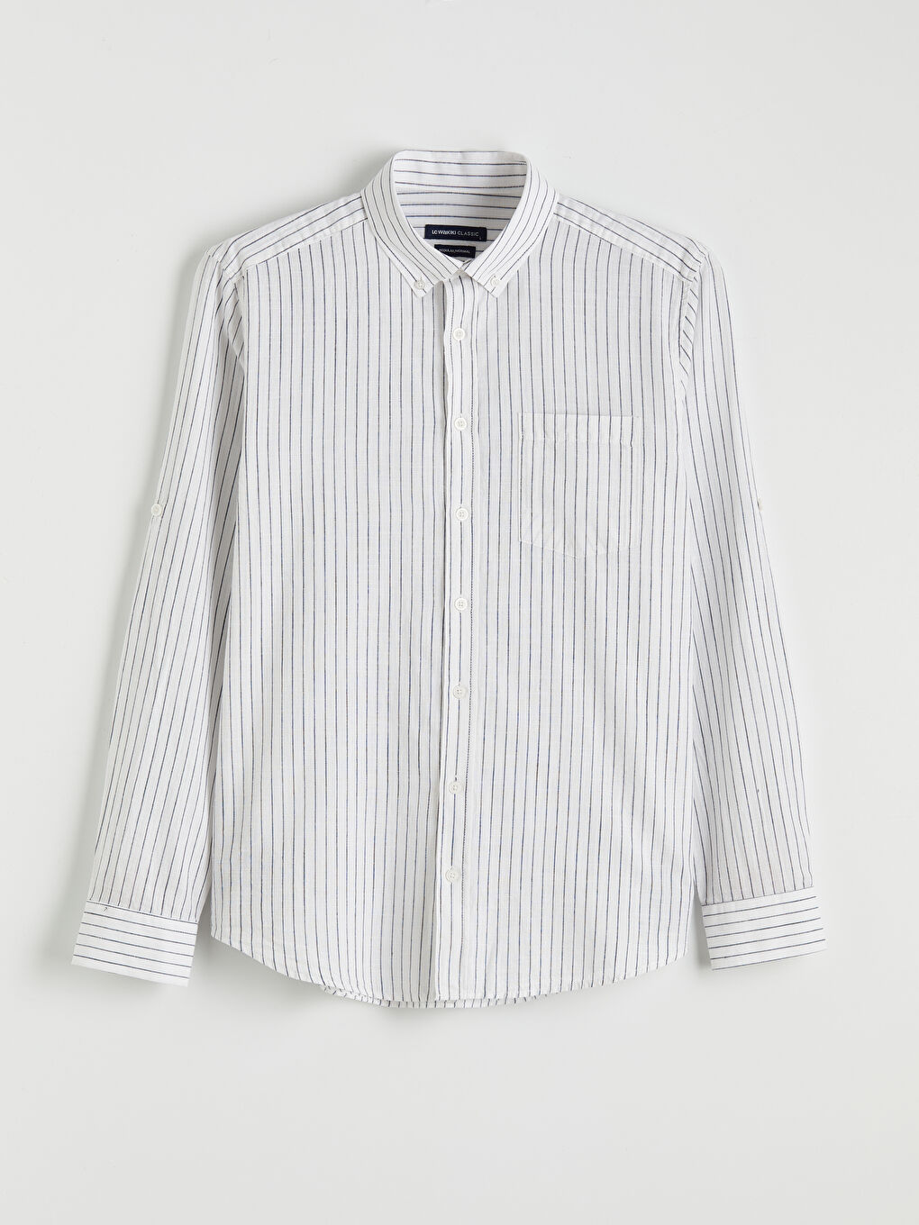 Beyaz Regular Fit Çizgili Erkek Keten Karışımlı Gömlek