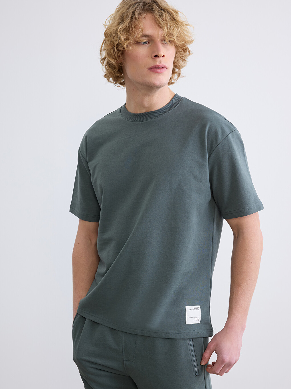 Yeşil Bisiklet Yaka Kısa Kollu Erkek Sweatshirt