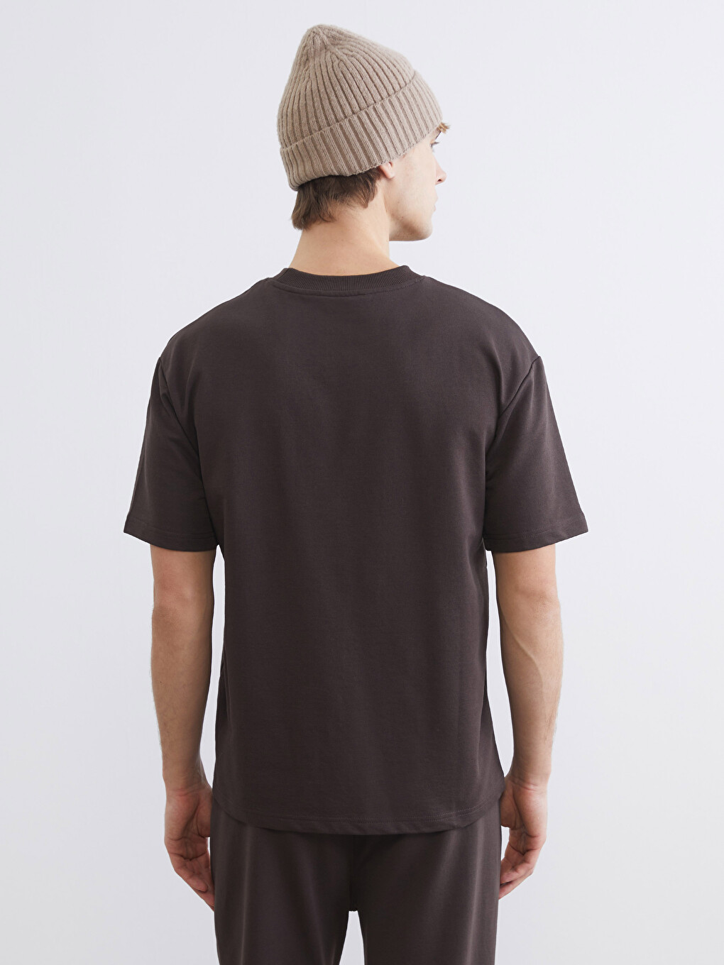 Kahverengi Bisiklet Yaka Kısa Kollu Erkek Sweatshirt-3
