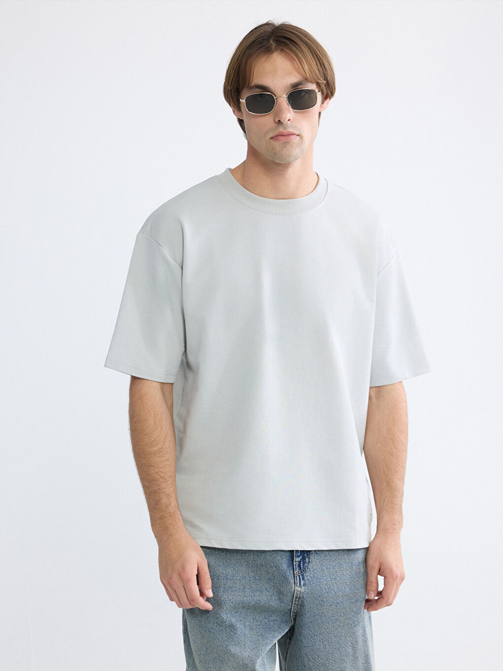 Gri Bisiklet Yaka Kısa Kollu Erkek Sweatshirt