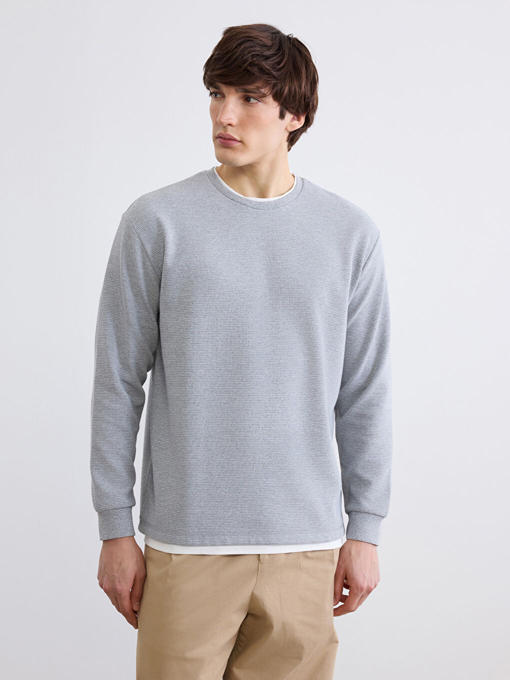 Gri Katman Görünümlü Bisiklet Yaka Erkek Sweatshirt